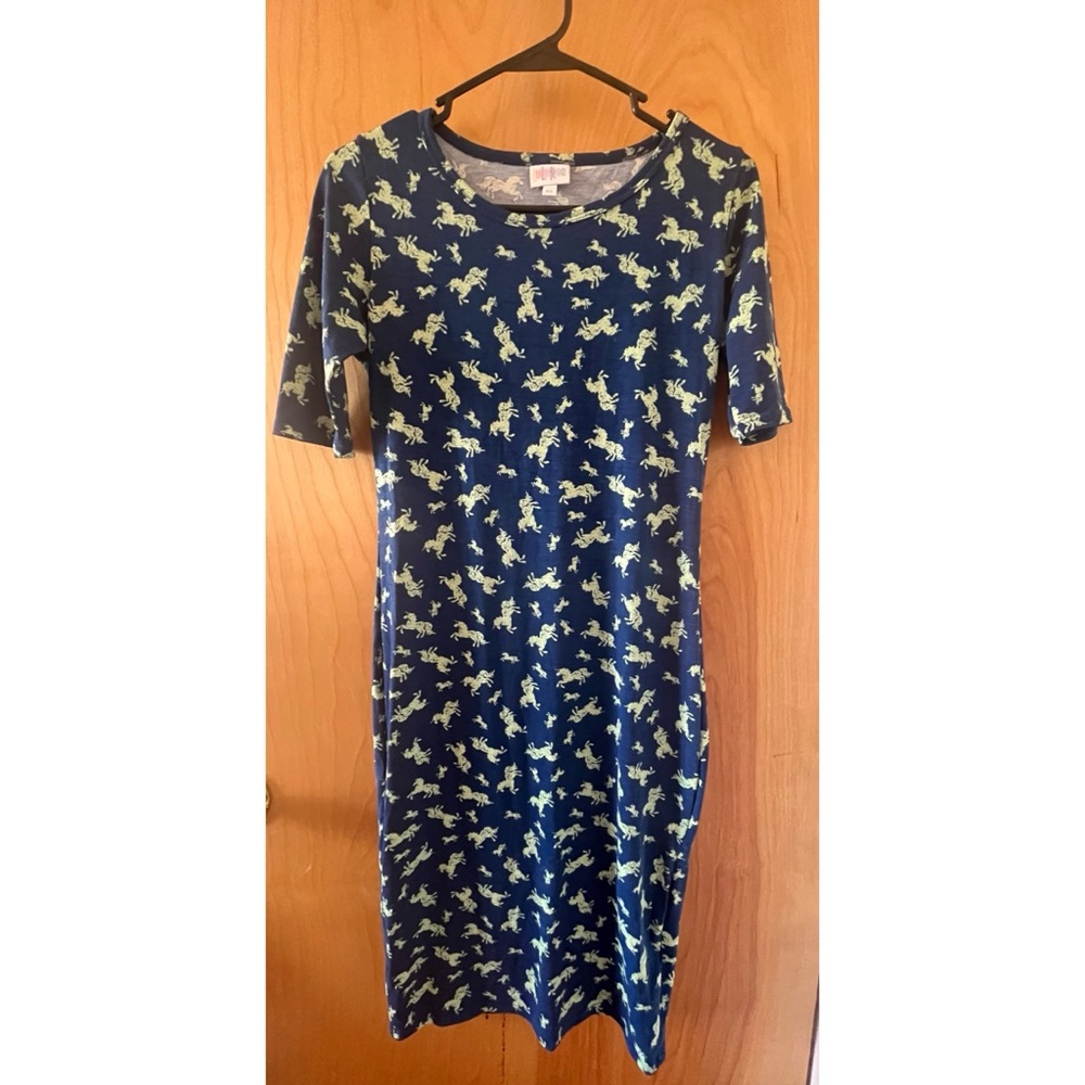 LuLaRoe Blue and Green Unicorn Patterned Dress